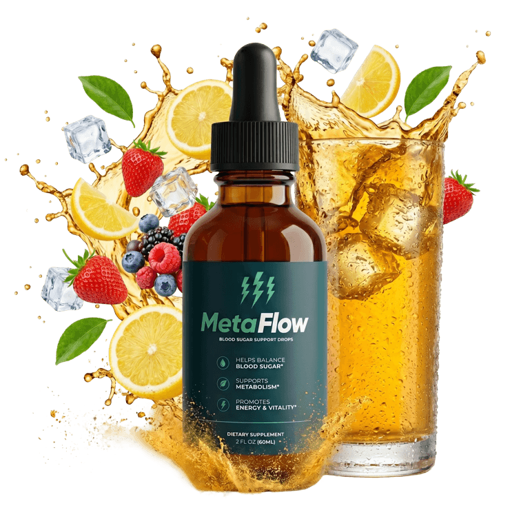 MetaFlow blood sugar support supplement bottle — 6 plant-based herbs for healthy glucose levels